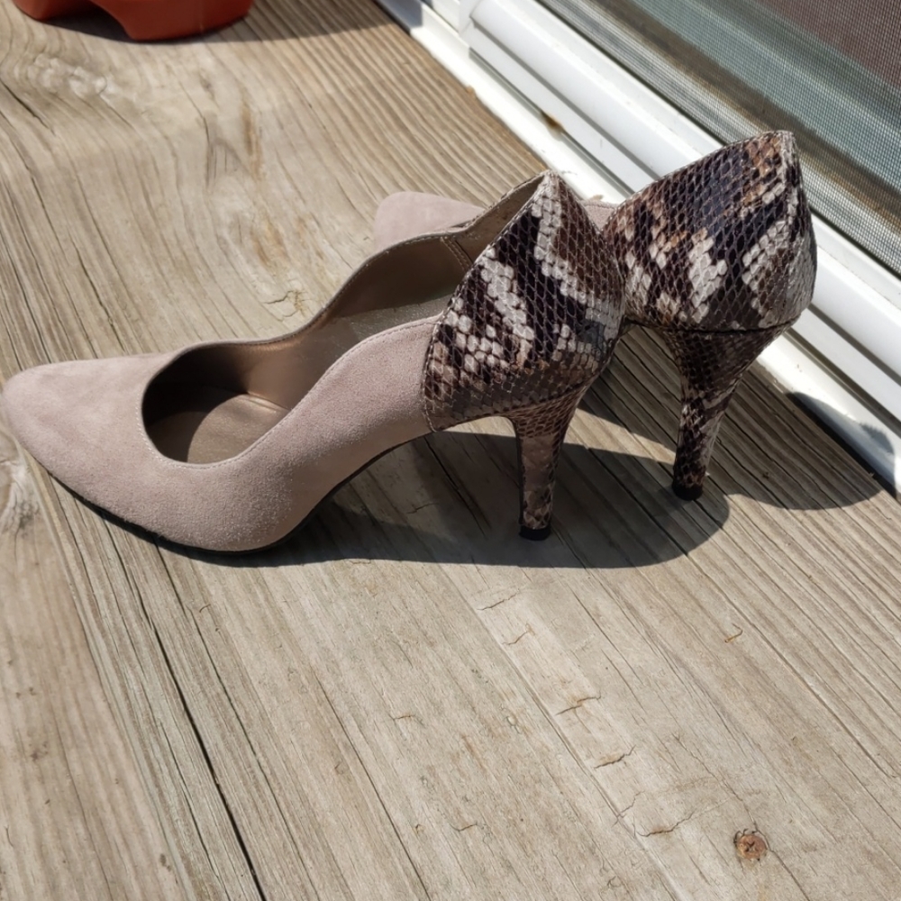 Faux snake and suede heels